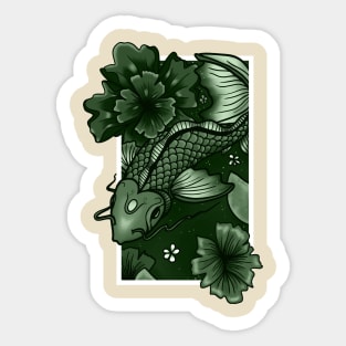 Koi Fish Swimming Through Water and Flowers - Metallic Green Edition Sticker